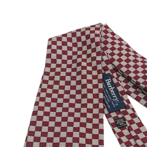 Burberrys Silk Tie Men’s 58” Burgundy Gray Gingham Plaid Vtg 90s Luxury Wide New